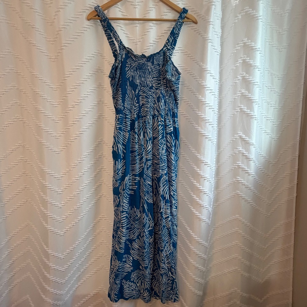As U Wish Blue White Tropical Palm Print Smocked Cutout Back Jumpsuit Large